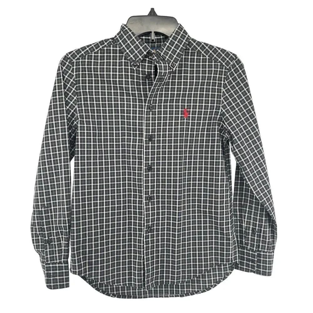 Ralph Lauren Boy’s Black White Gingham Long Sleeve Button Front Top Size 10/12